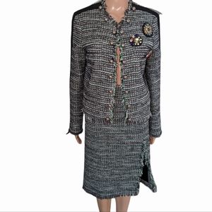 Pinko Tweed Boucle Brooch Fringe Blazer and Skirt
